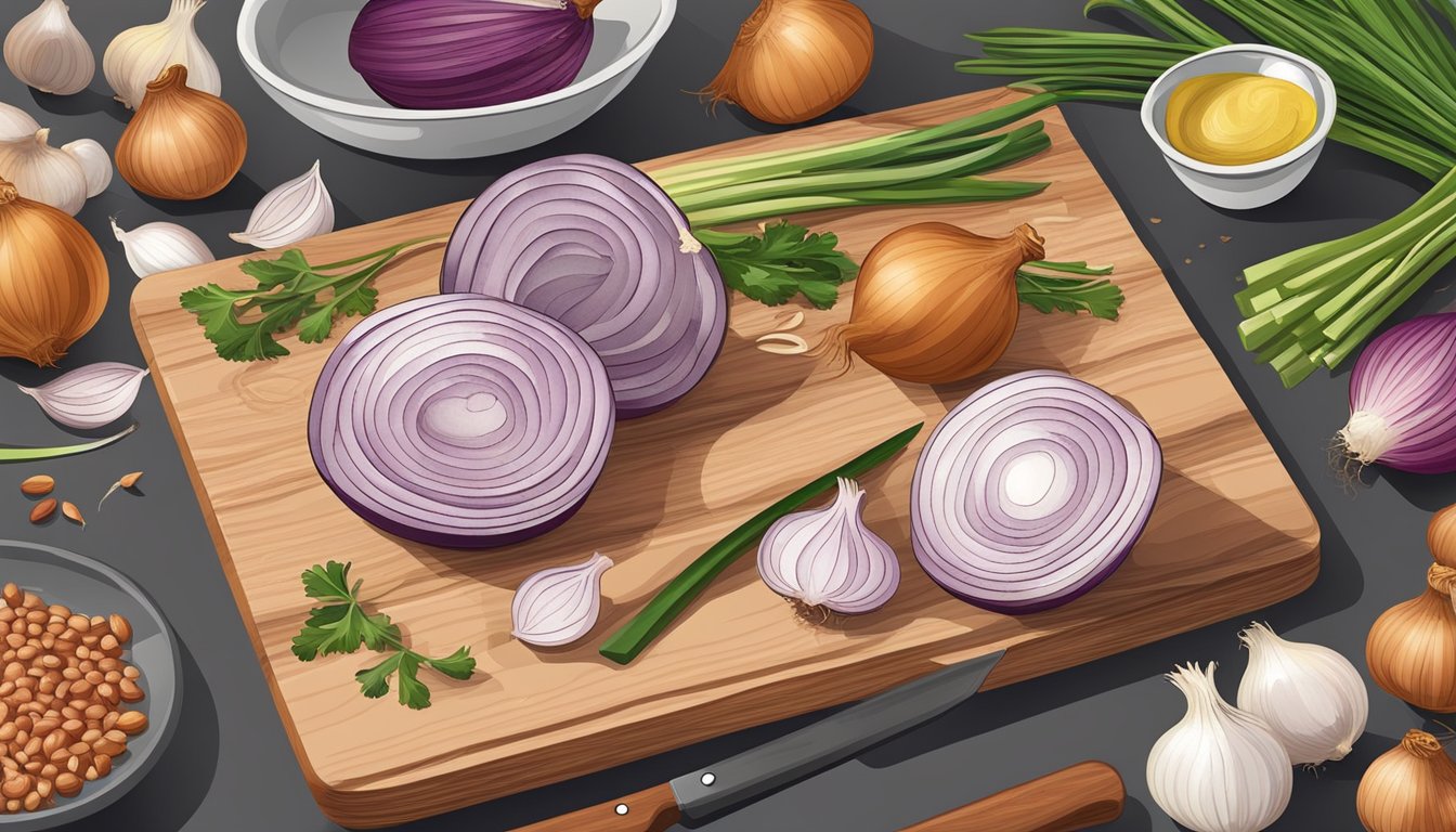 Chopping board with shallots and onions, knife, and various cooking ingredients on a kitchen counter