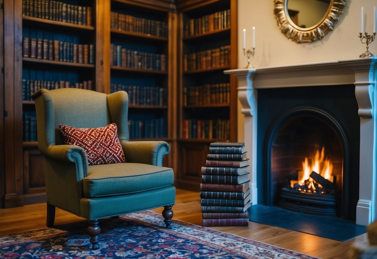 A cozy library with a crackling fireplace, a worn armchair, and a stack of old books