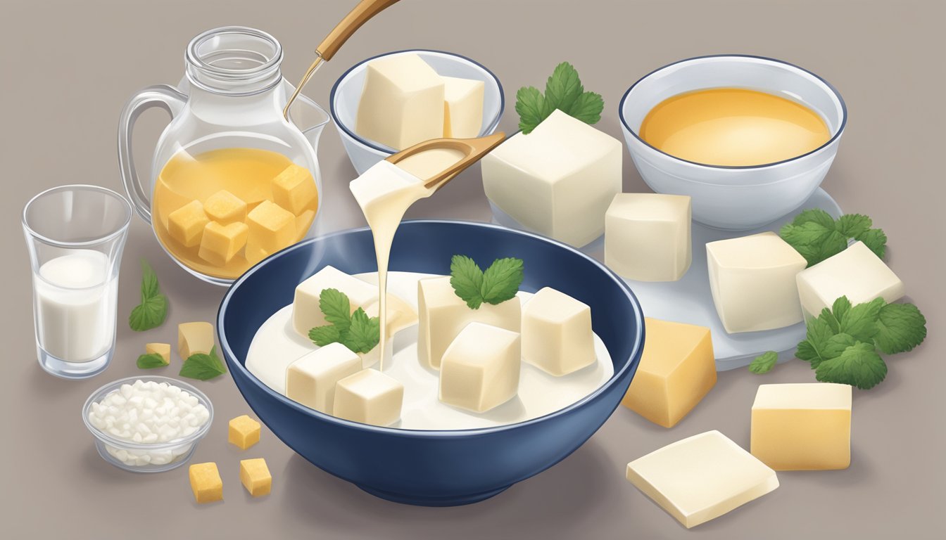 A bowl of silken tofu being smoothly poured into a recipe in place of soft tofu, with the two varieties displayed side by side