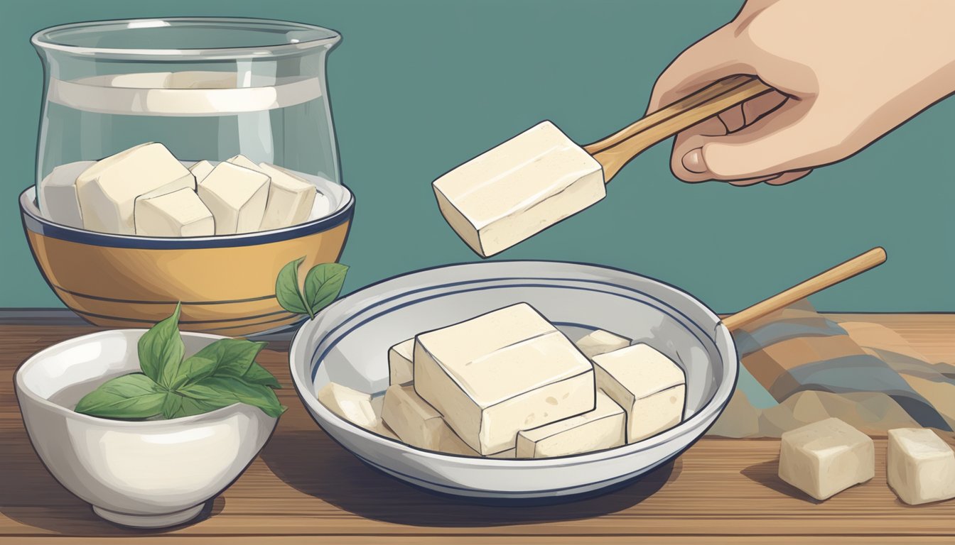 A hand reaching for a block of silken tofu next to a bowl of soft tofu, with a measuring cup and spoon nearby