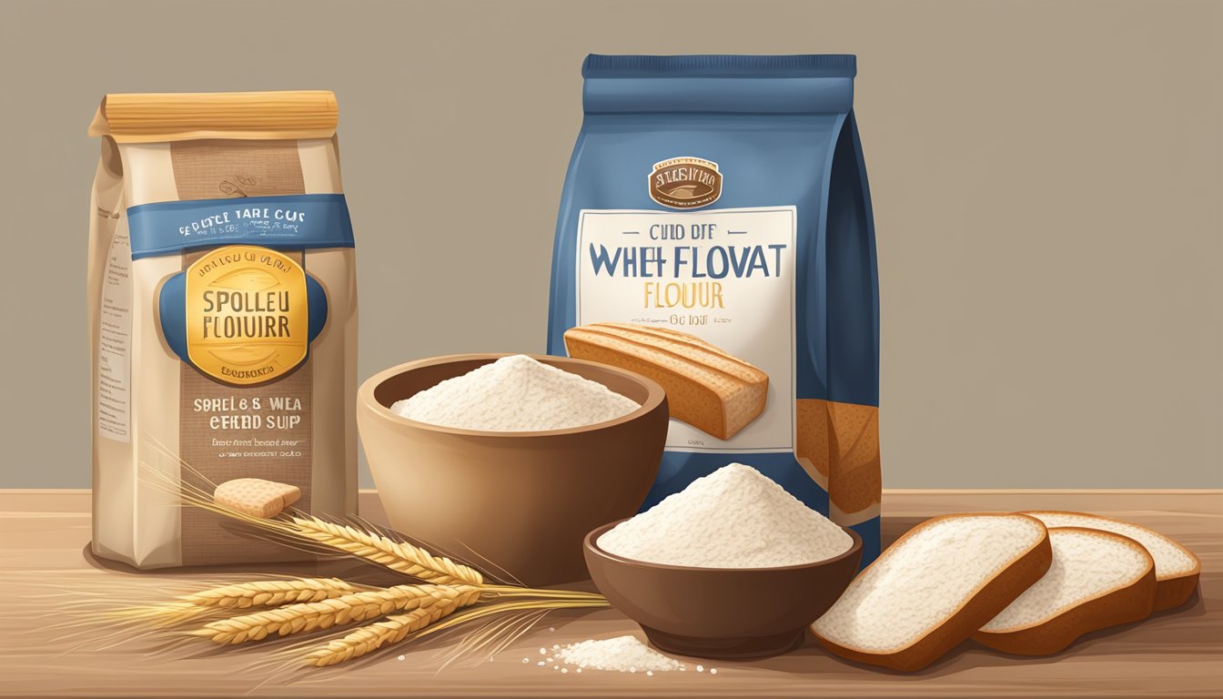 A bag of whole wheat flour next to a bowl of spelt flour, with a loaf of bread and a measuring cup