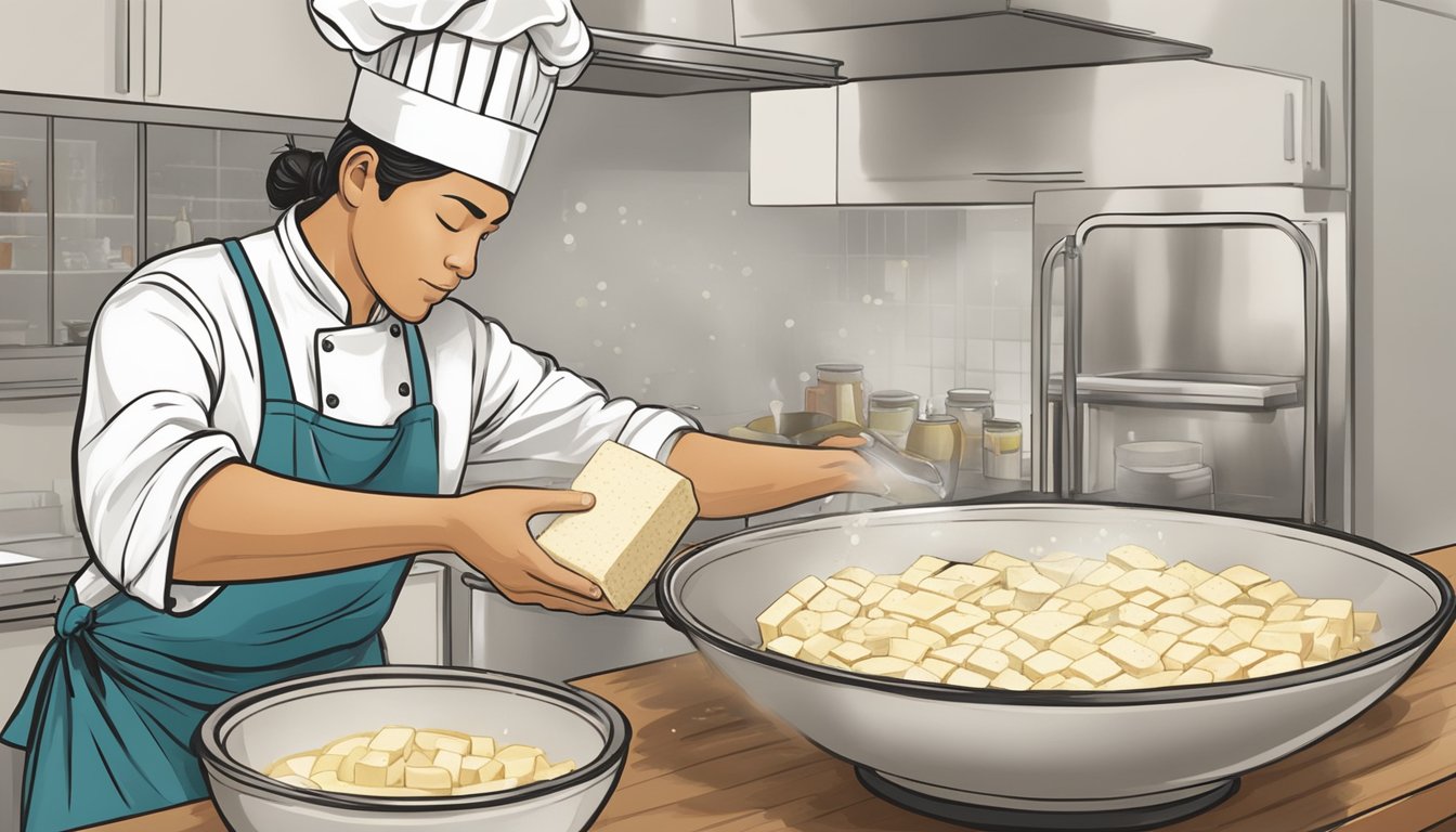 A chef pouring silken tofu into a bowl, replacing soft tofu in a recipe