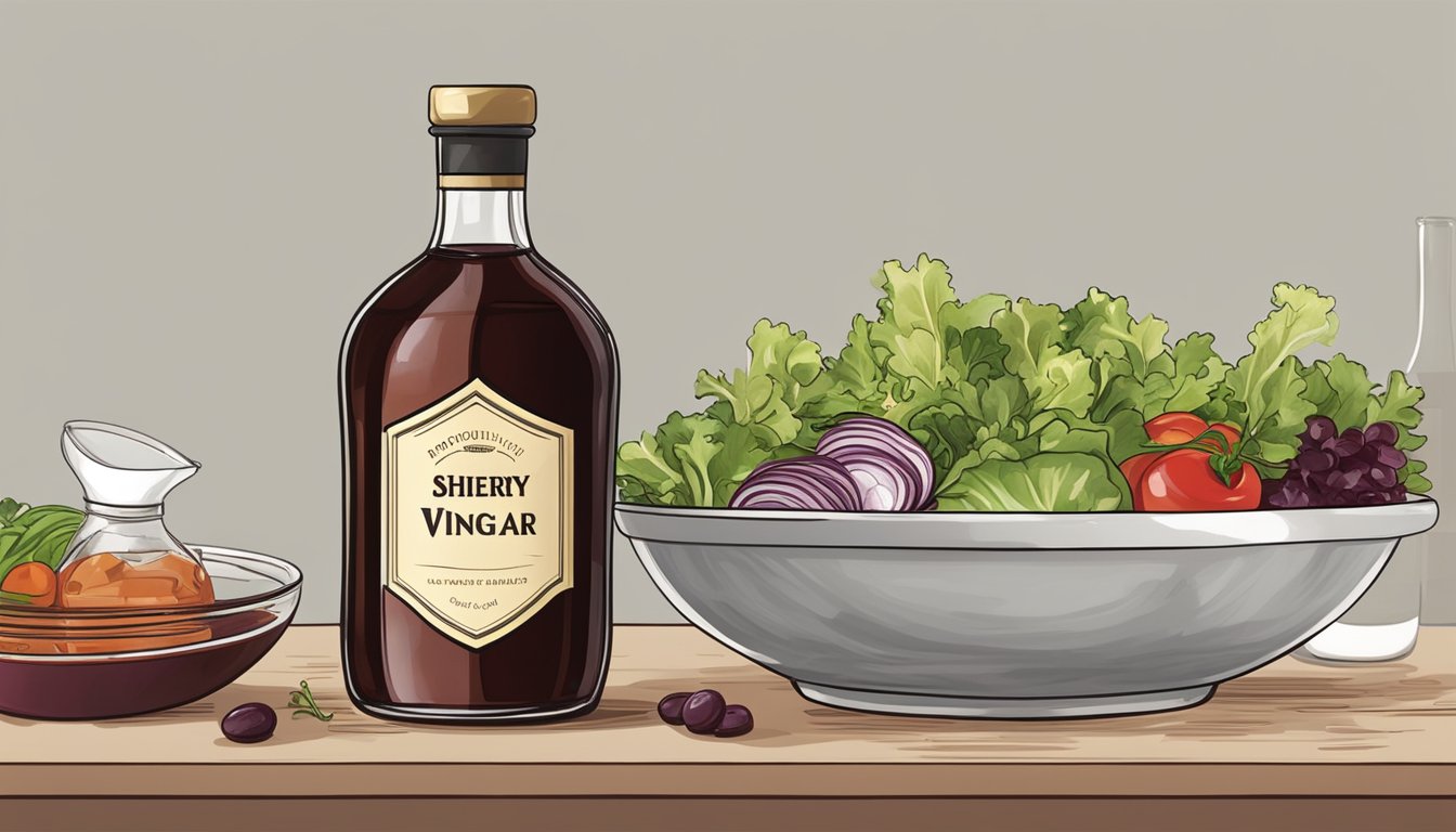 A bottle of sherry vinegar sits next to a bowl of salad ingredients, while a bottle of red wine vinegar is pushed to the side