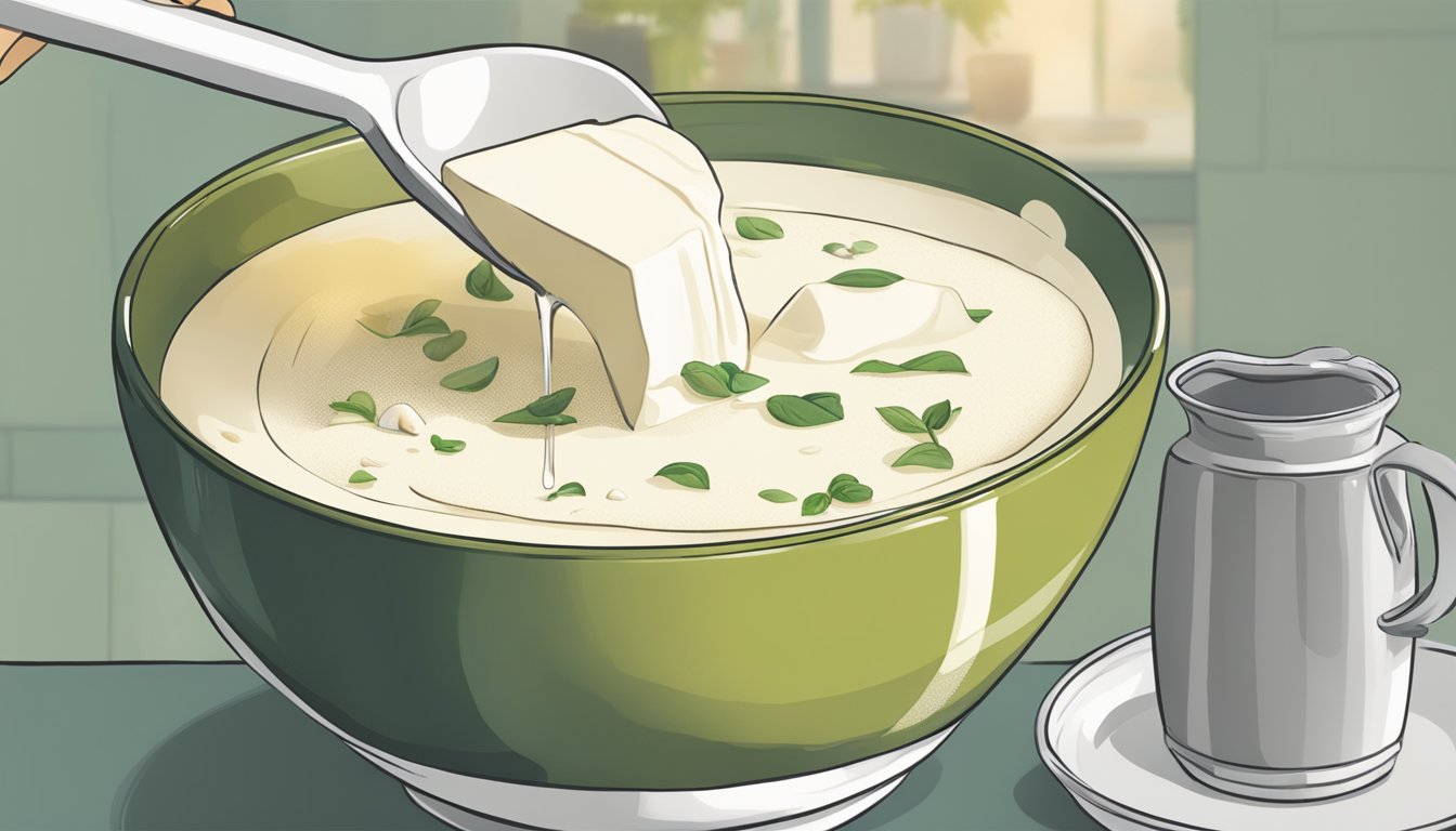 A bowl of silken tofu being smoothly poured into a recipe, replacing soft tofu