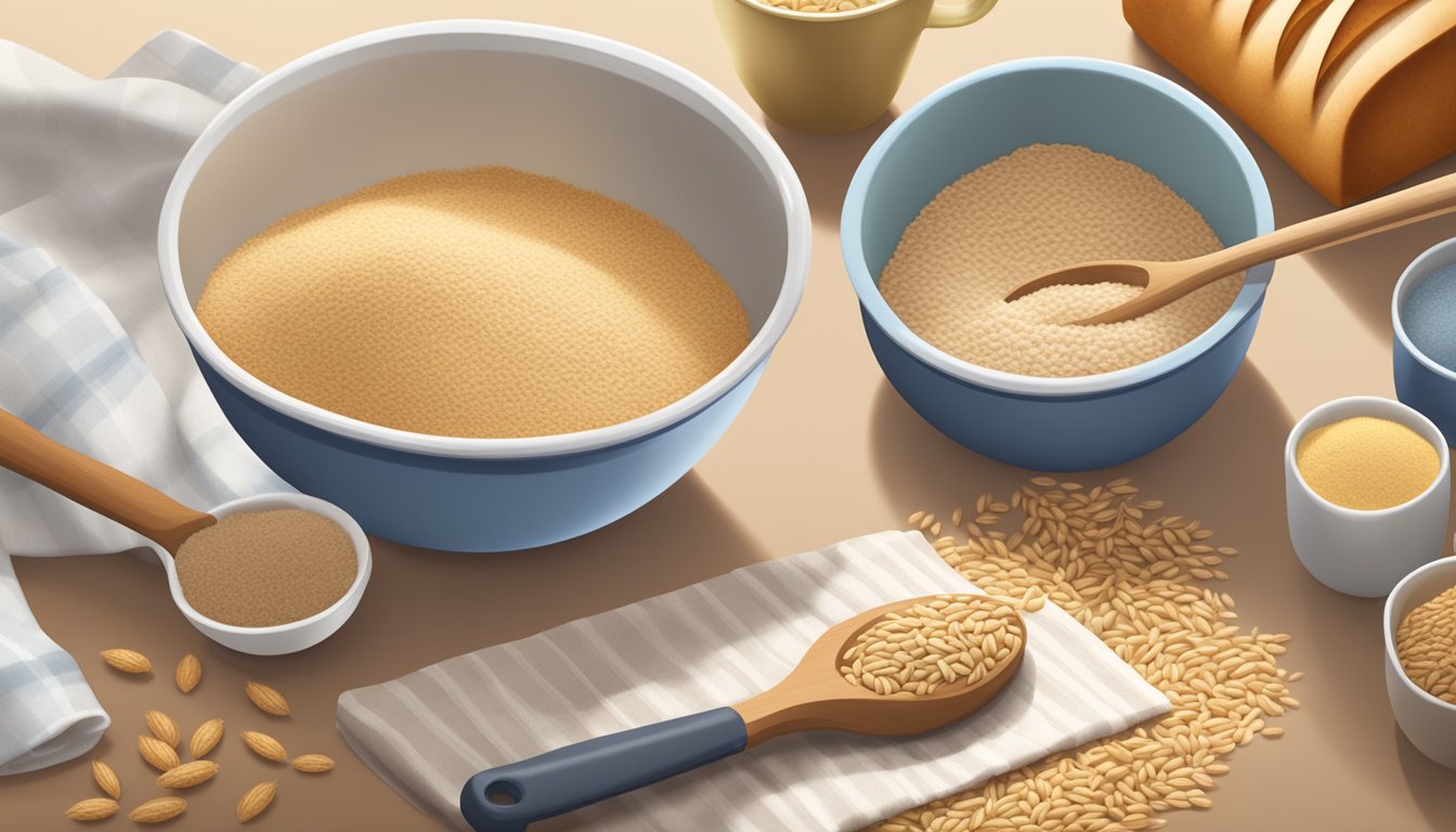 A mixing bowl filled with spelt flour being poured into a measuring cup, next to a bag of whole wheat flour and a loaf of bread