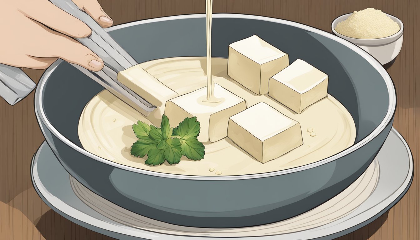 A bowl of silken tofu being poured into a recipe, with soft tofu sitting nearby as a comparison