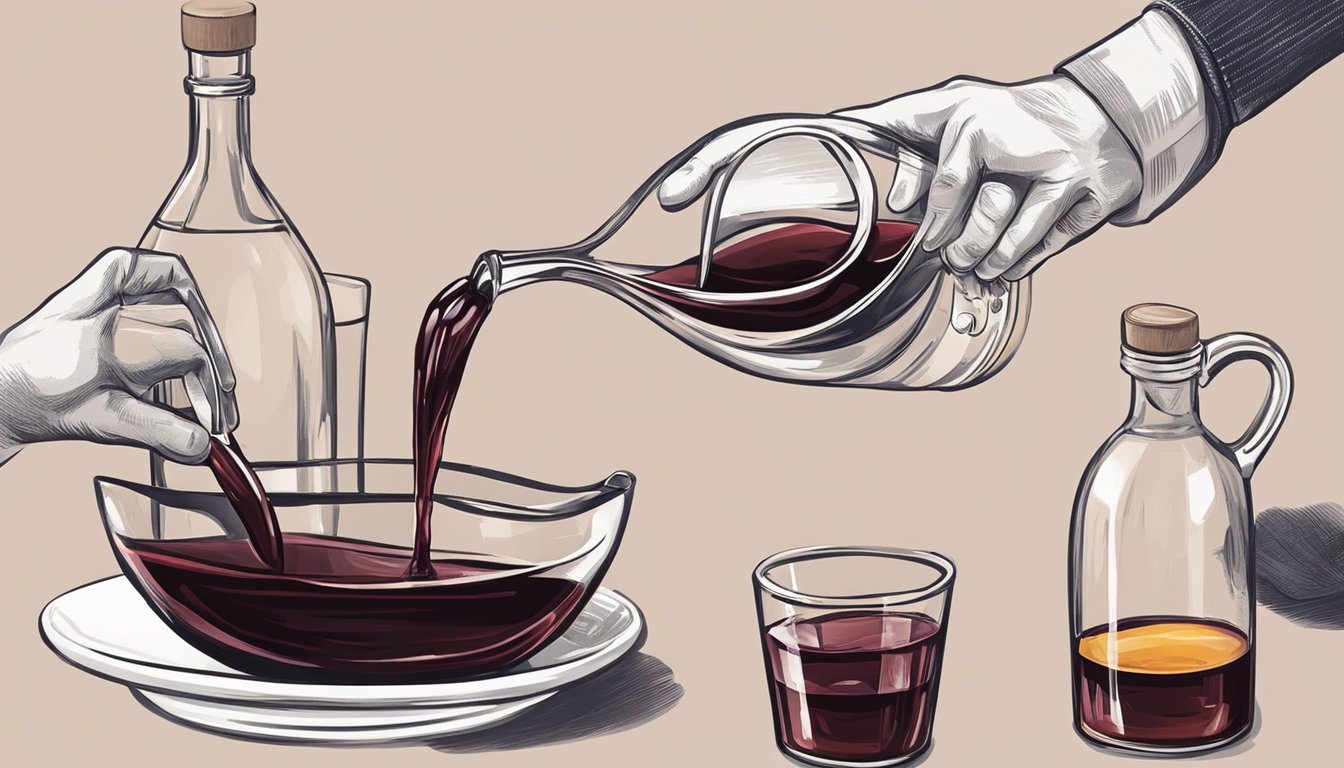 A hand pours sherry vinegar from a bottle into a measuring spoon, with a bottle of red wine vinegar nearby