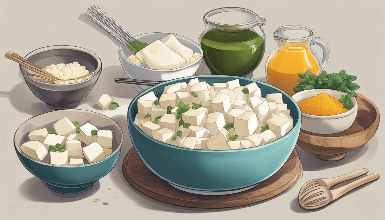 A bowl of silken tofu being used in place of soft tofu in a recipe, with other ingredients and cooking utensils nearby