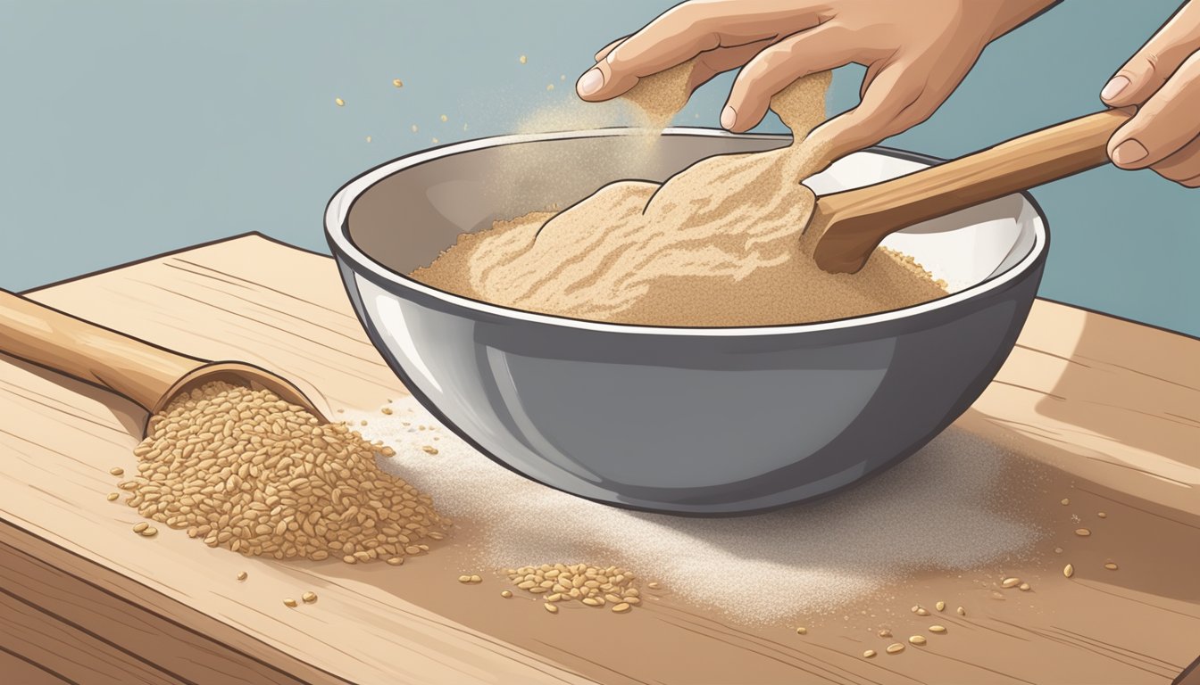 A person pouring spelt flour into a mixing bowl while replacing whole wheat flour in a bread recipe