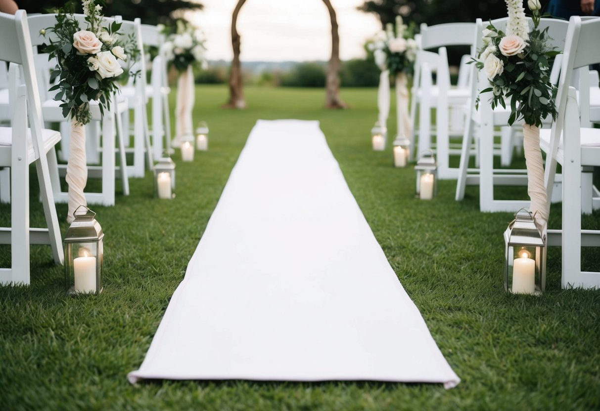 A white aisle runner laid out on green grass, flanked by floral decorations and leading towards a rustic wooden archway