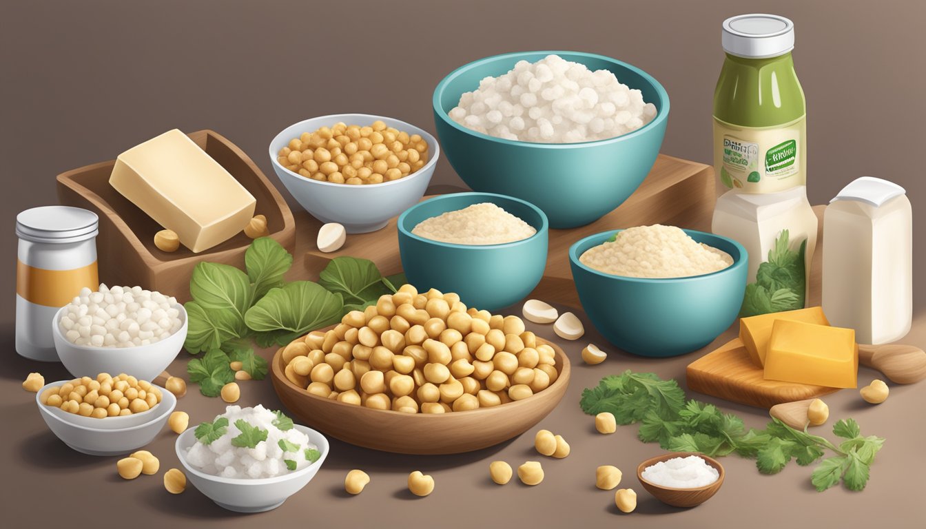 A kitchen counter with various non-tofu ingredients like chickpeas, cashews, and coconut cream, along with soft tofu and silken tofu packages