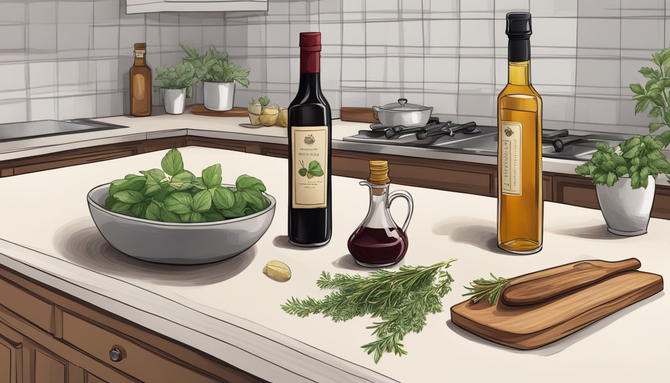 A bottle of sherry vinegar and a bottle of red wine vinegar on a kitchen counter, with various herbs and spices scattered around them