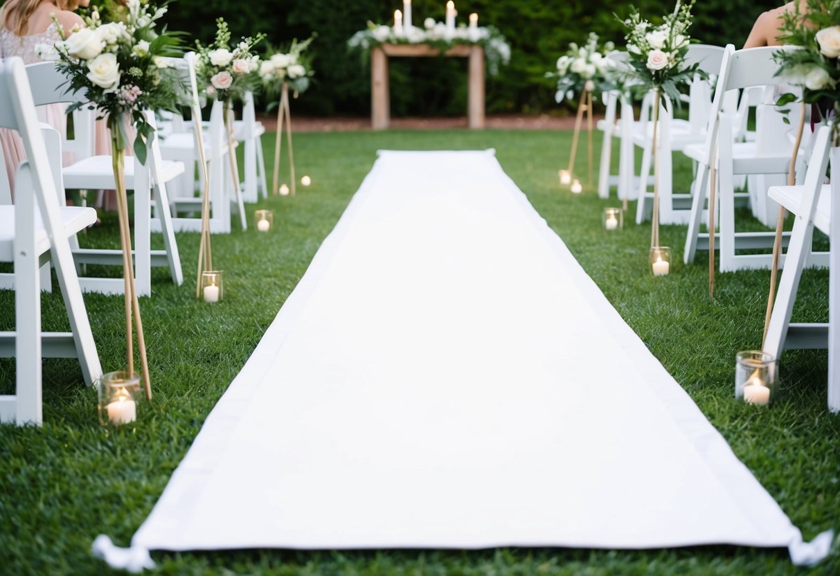 A white aisle runner unfurls across lush green grass, held in place by stakes at each corner, leading to a rustic altar adorned with flowers