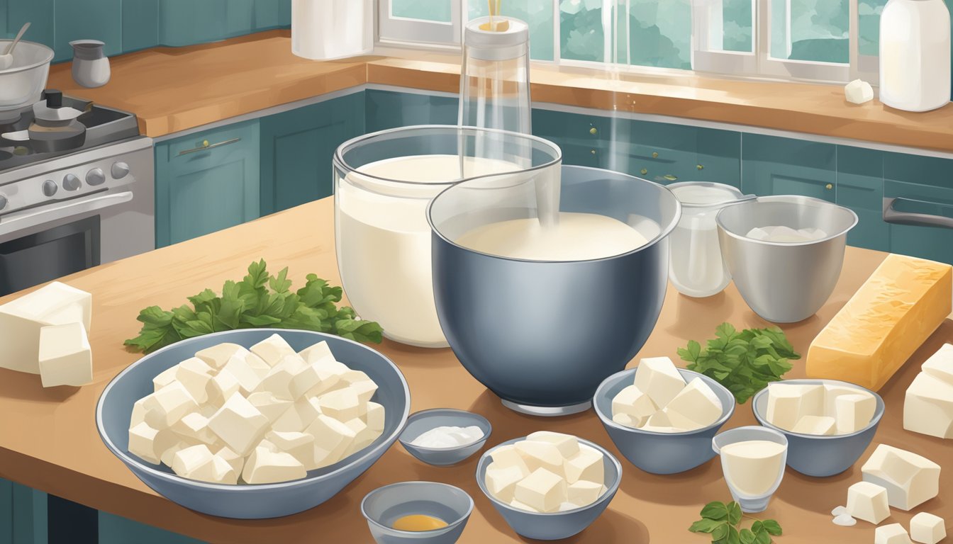 Silken tofu being poured into a mixing bowl, with soft tofu and a measuring cup nearby. Ingredients and utensils for cooking are scattered on the kitchen counter