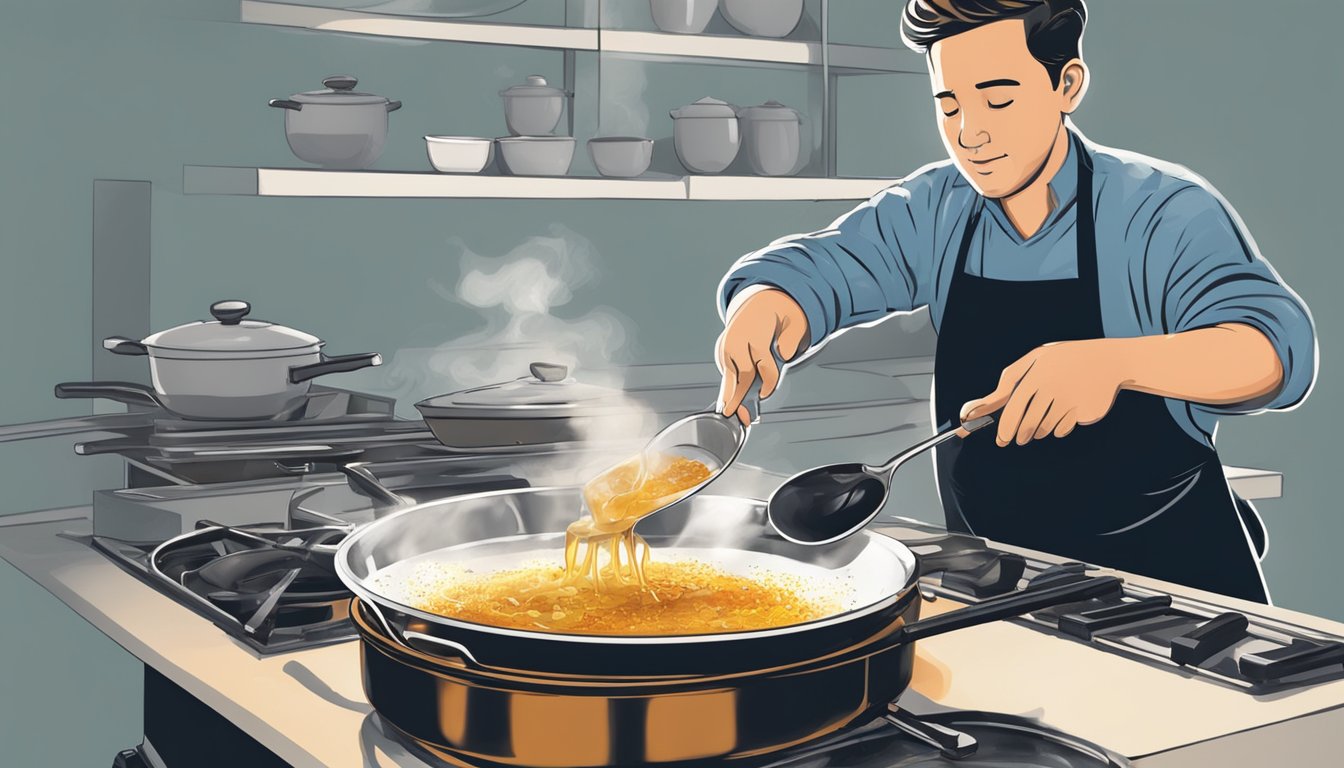 A chef pours sherry vinegar into a hot pan, creating steam as it deglazes the caramelized bits left from cooking