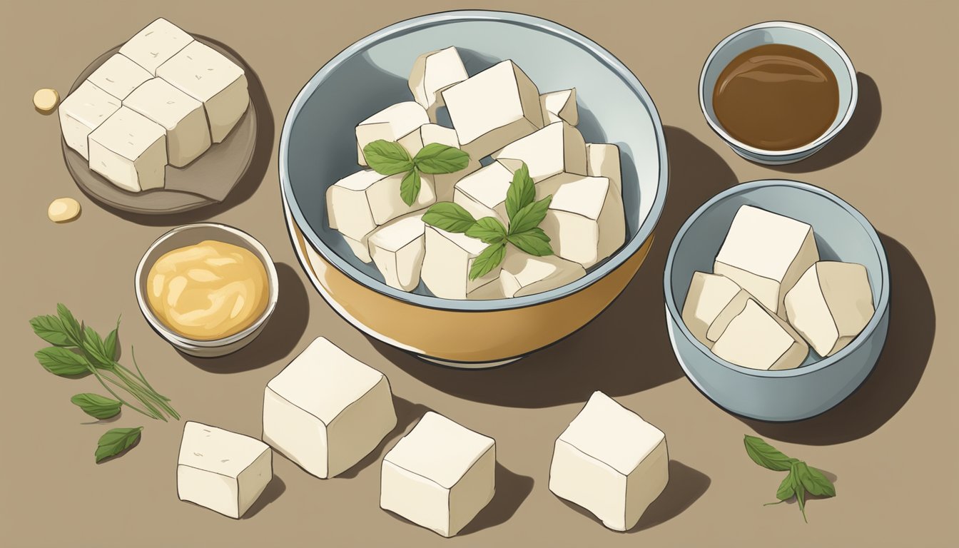 A bowl of silken tofu sits next to a bowl of soft tofu, with arrows indicating substitution. Ingredients for a recipe surround the bowls