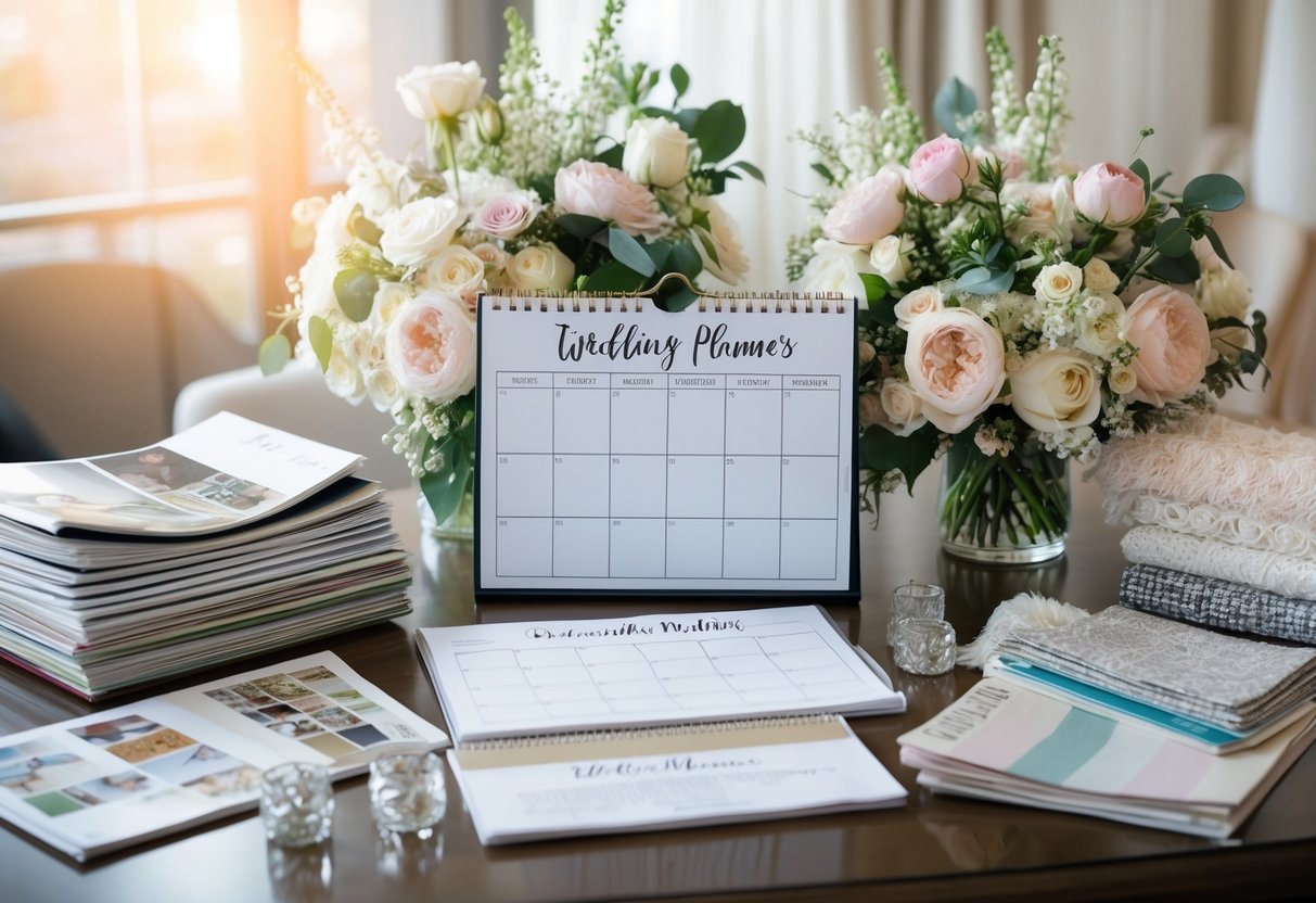 A bustling wedding planner's desk with a calendar displaying a four-month timeline, surrounded by bridal magazines, fabric swatches, and floral arrangements