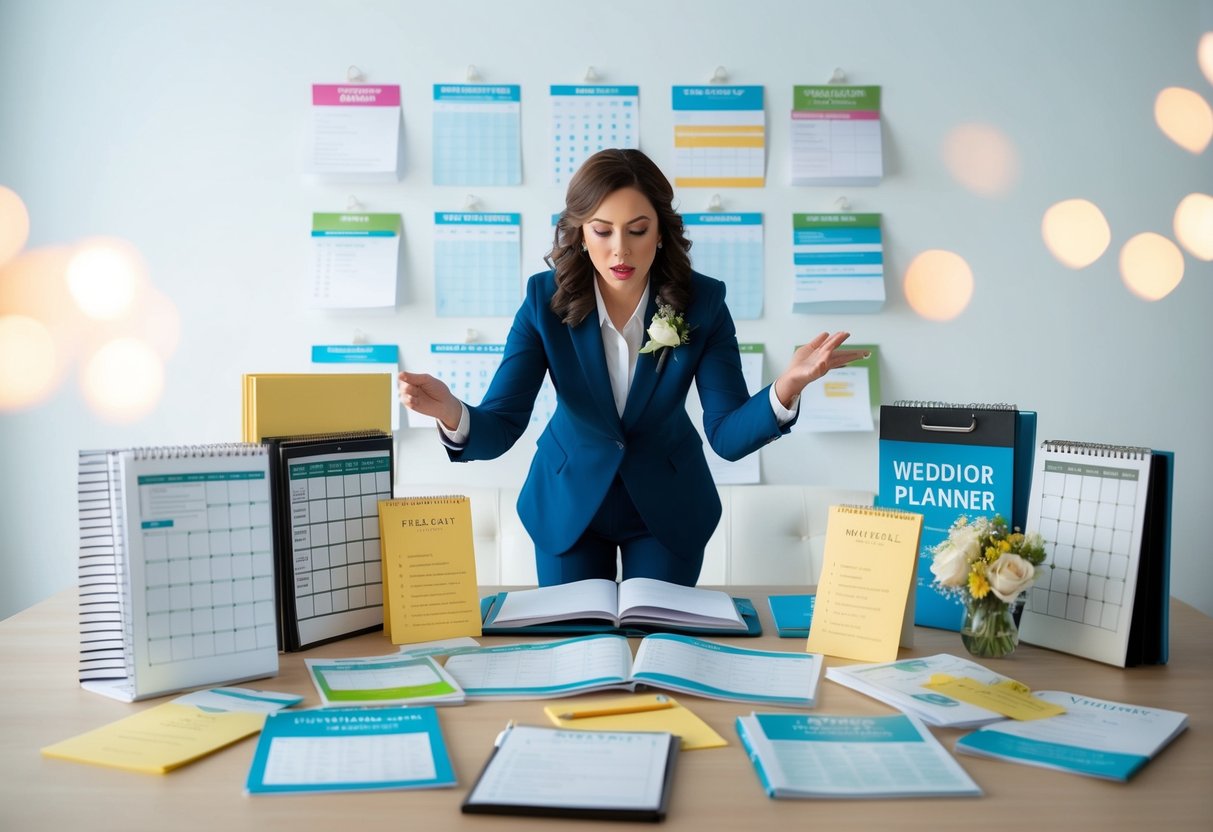 A busy wedding planner surrounded by calendars, checklists, and vendor brochures, frantically organizing a wedding in just four months