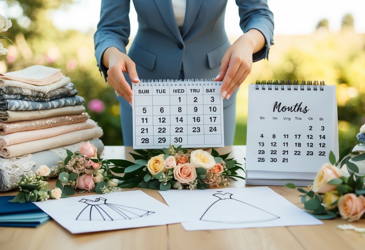 A wedding planner surrounded by fabric swatches, dress sketches, and floral arrangements, with a calendar showing the date four months from today