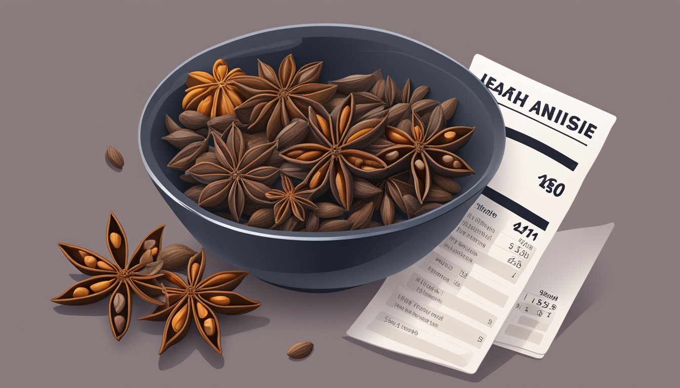 A bowl of star anise and anise seeds with a nutrition label and a list of health benefits