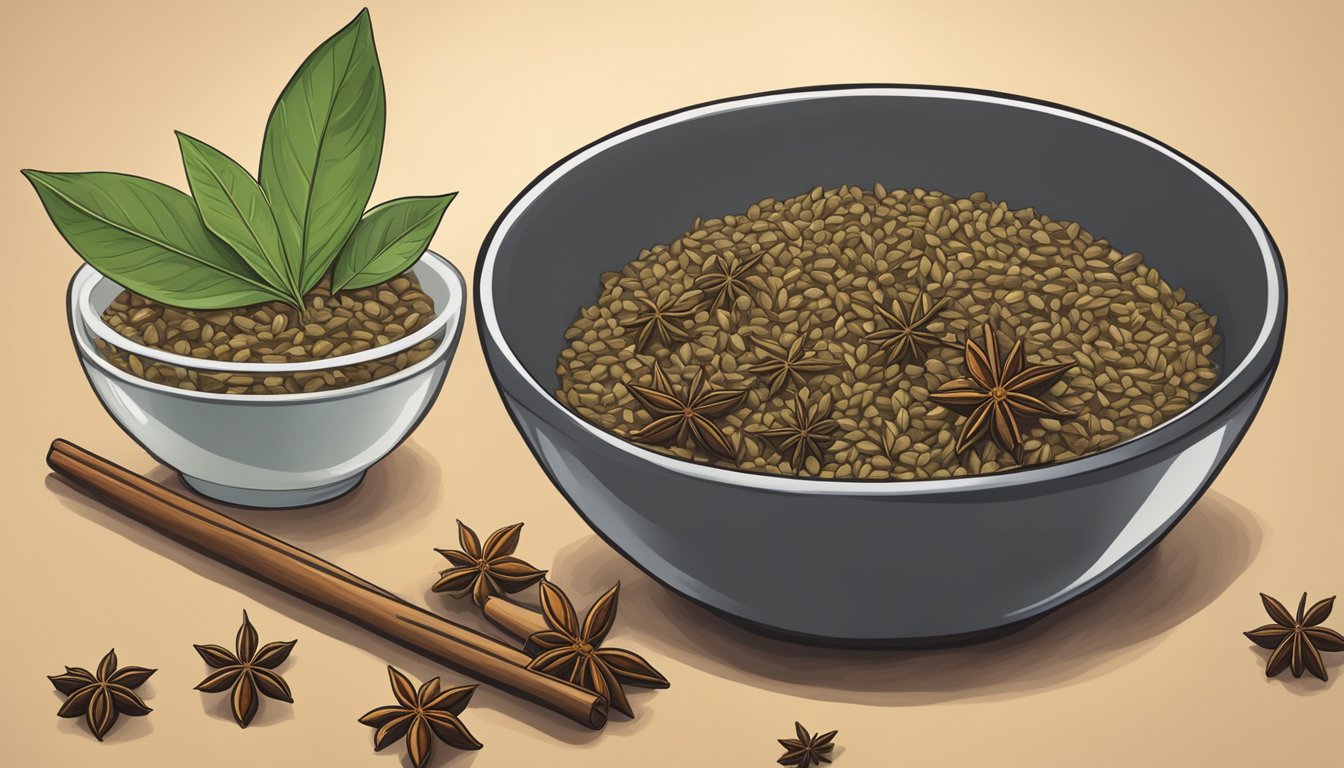 A bowl of anise seeds next to a dish of star anise, with arrows pointing from one to the other, illustrating their use as substitutes