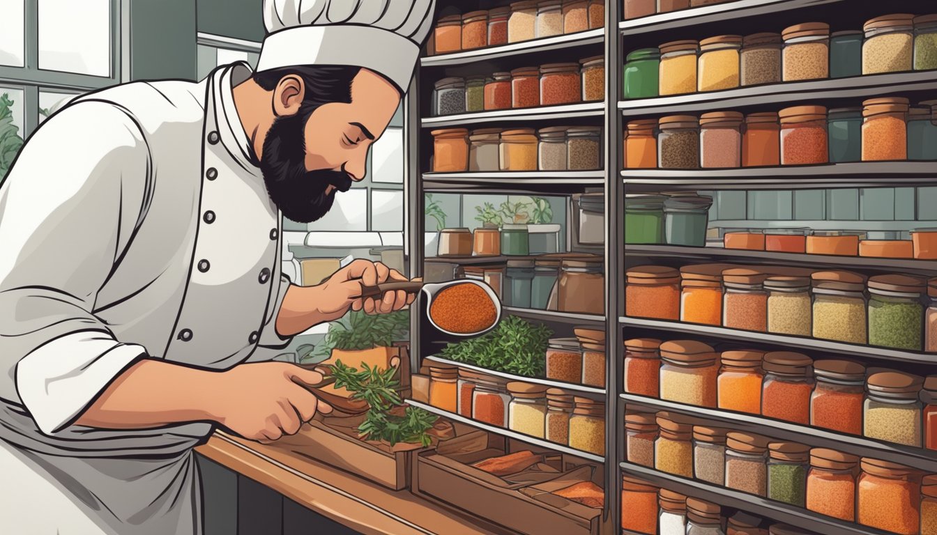 A chef swapping out sweet paprika for smoked paprika in a spice rack, with various herbs and spices in the background