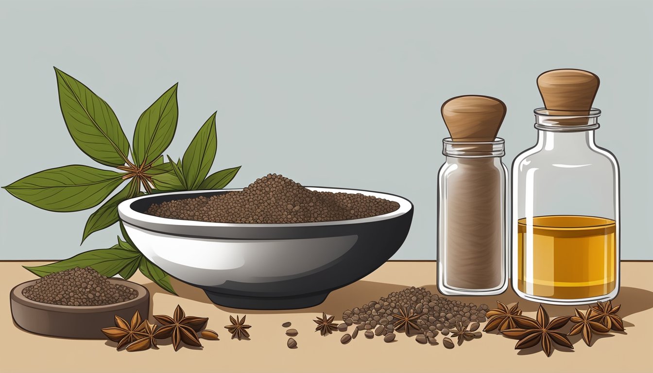 A mortar and pestle grinding anise seeds into a fine powder, with a jar of star anise nearby for comparison