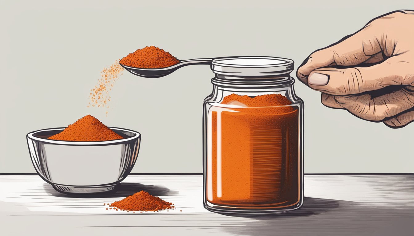 A small jar of smoked paprika sits next to a bowl of sweet paprika, with a hand reaching for the smoked paprika