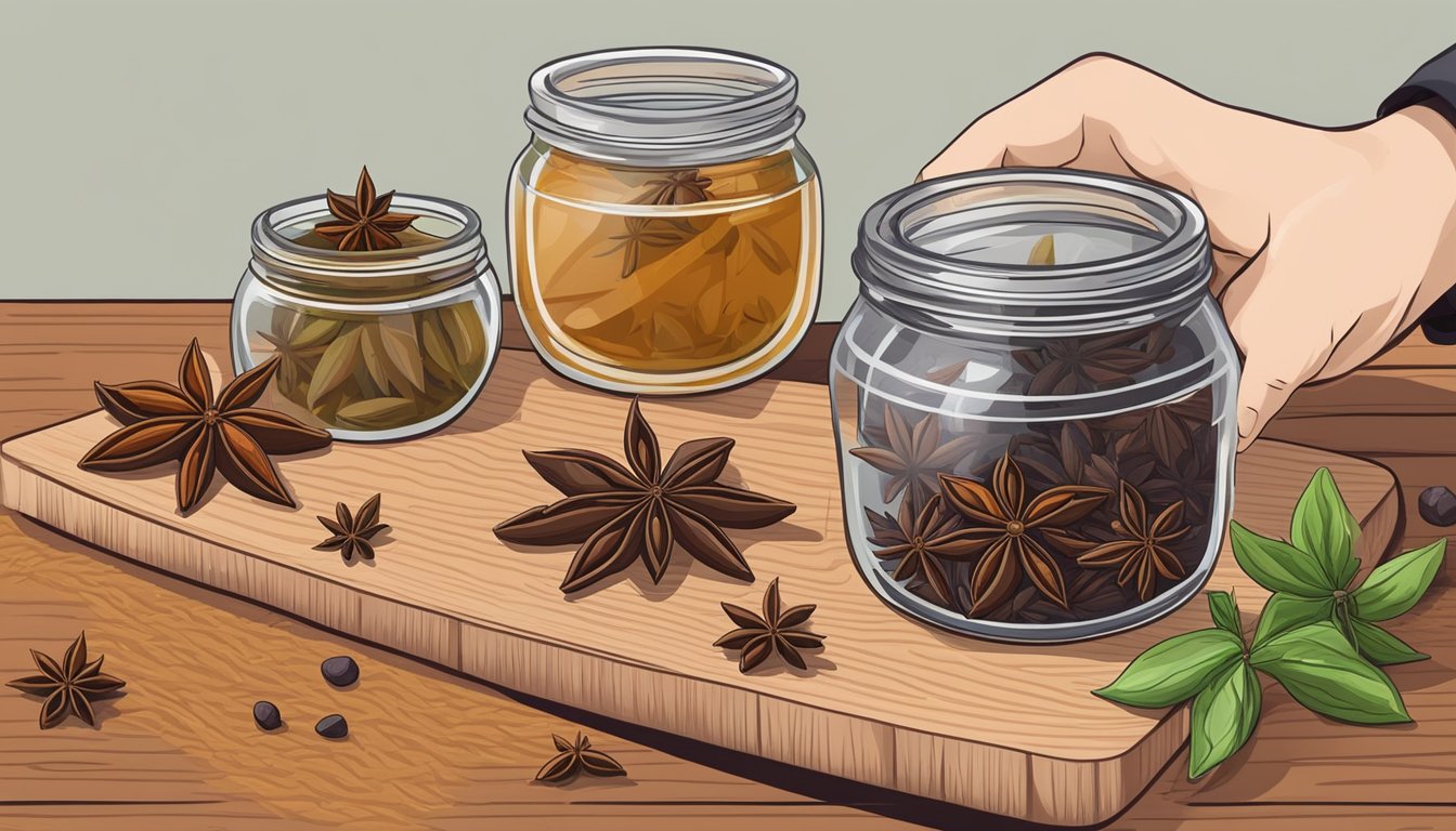 A hand holding a jar of star anise, next to a bowl of anise seeds, with various spices and herbs scattered on a wooden cutting board