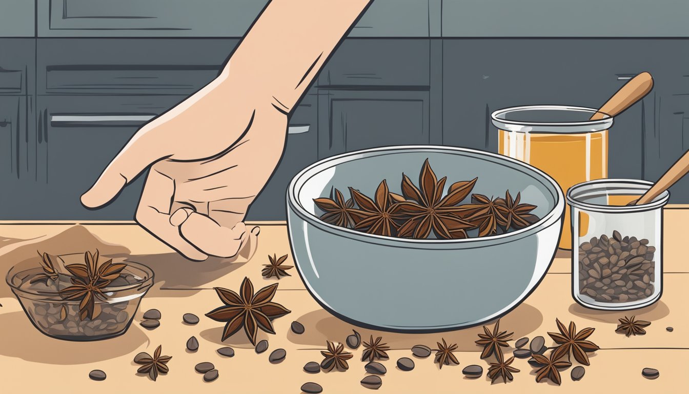 A hand reaching for a jar of star anise, while a small bowl of anise seeds sits on a kitchen counter. Ingredients and measuring spoons are scattered around