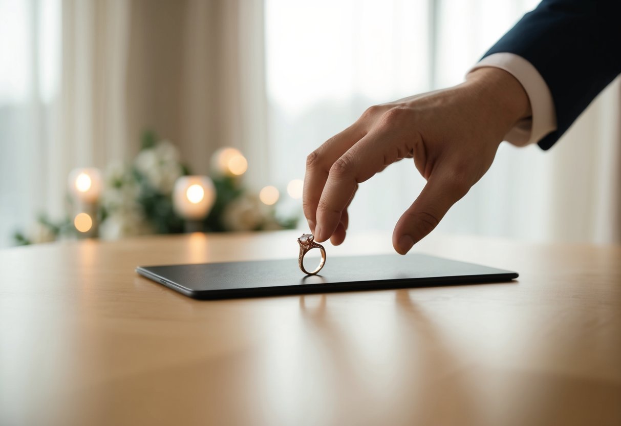 A hand reaching for a ring on a table, with a soft, romantic background