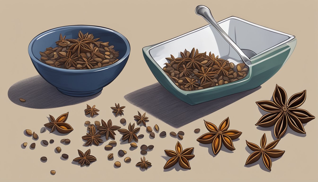 A star anise pod sits next to a pile of anise seeds, with a measuring spoon pouring the seeds into a dish