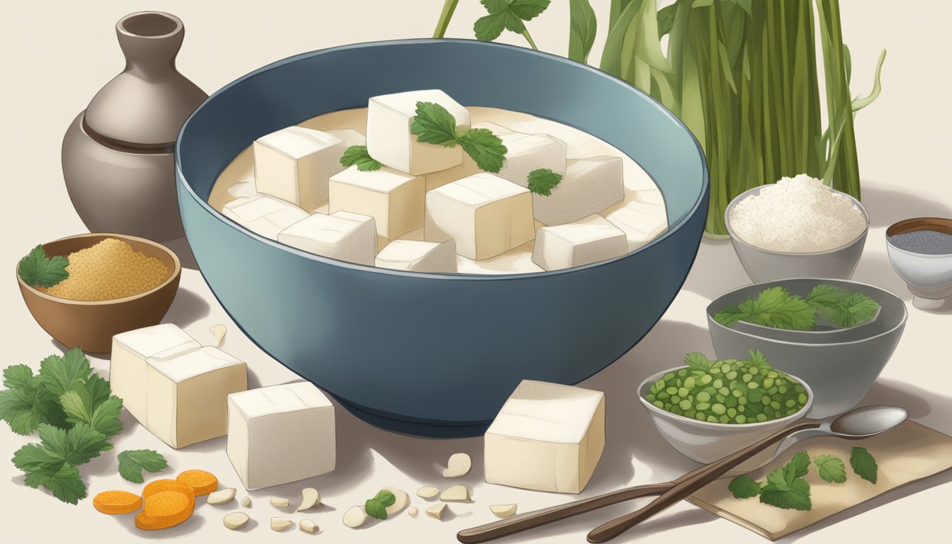 A bowl of silken tofu sits next to a measuring cup and spoon, surrounded by various ingredients. A recipe book is open to a page titled "Cream Substitutes."