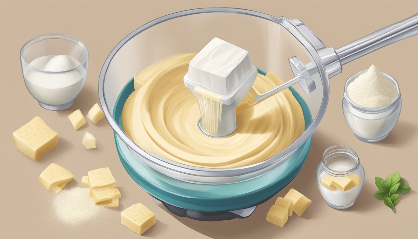 Silken tofu being blended with sweeteners and flavorings in a food processor