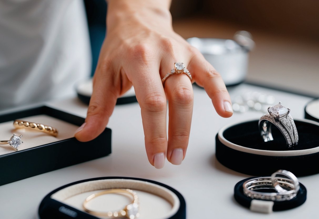 A hand reaching for a ring on a table, surrounded by various other jewelry options
