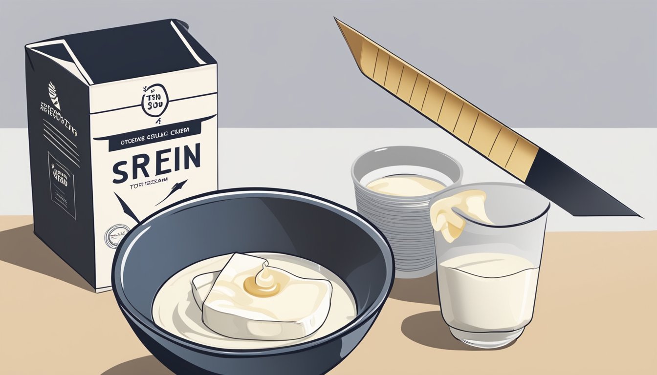 A bowl of silken tofu next to a carton of cream, with an arrow pointing from the tofu to the cream, indicating substitution