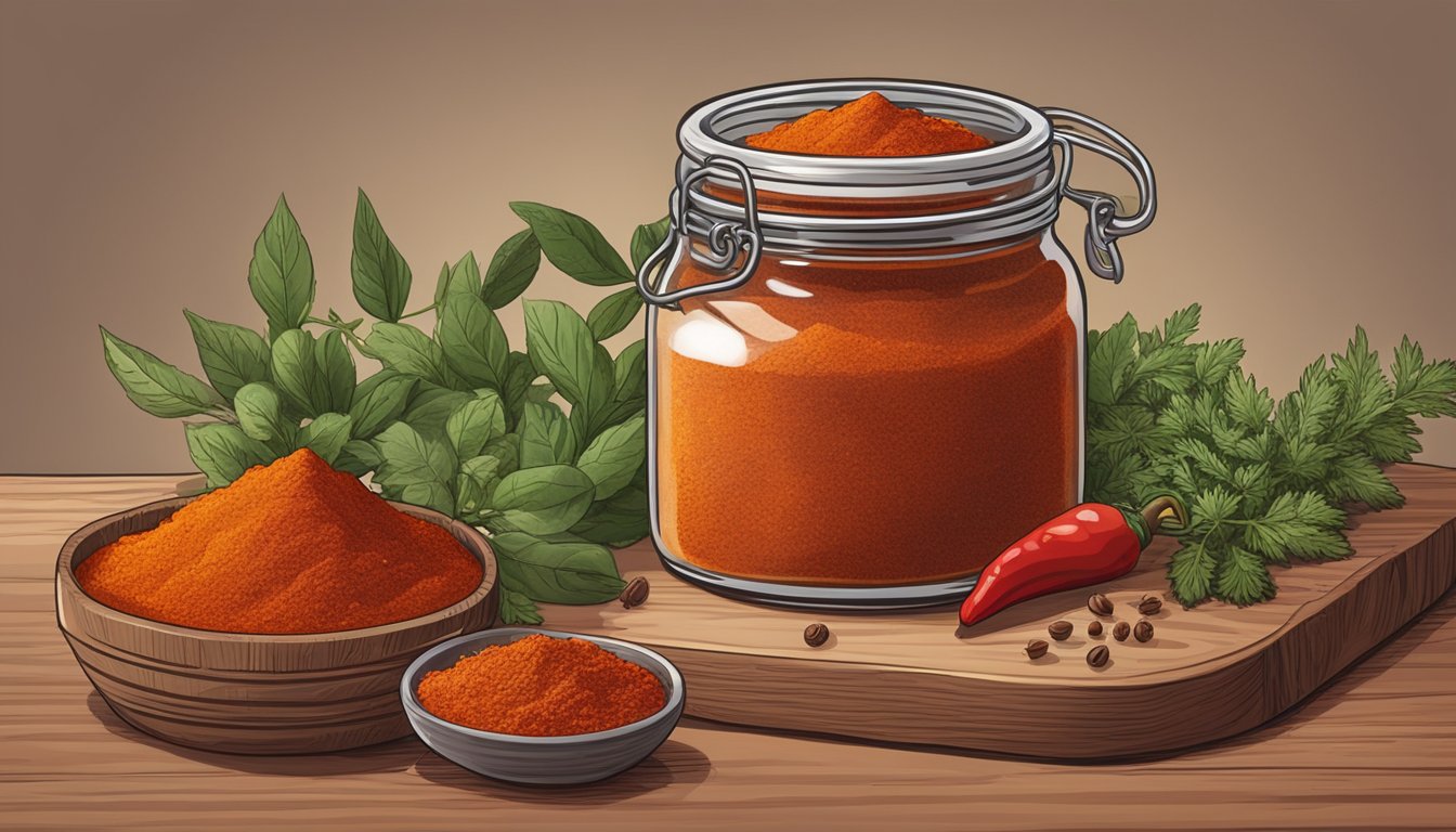 A jar of smoked paprika sits next to a bowl of sweet paprika on a wooden cutting board, surrounded by various herbs and spices