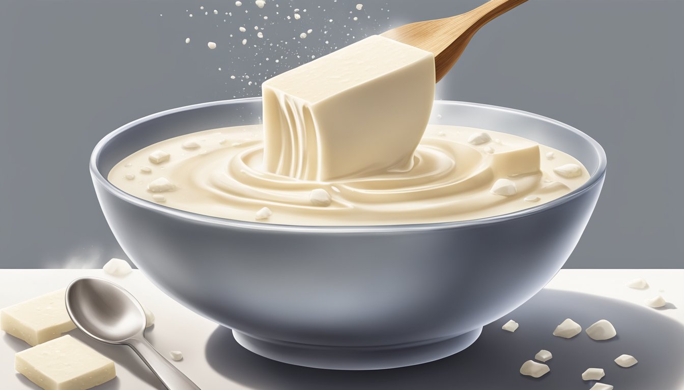 A bowl of silken tofu being blended with a splash of water to create a creamy texture