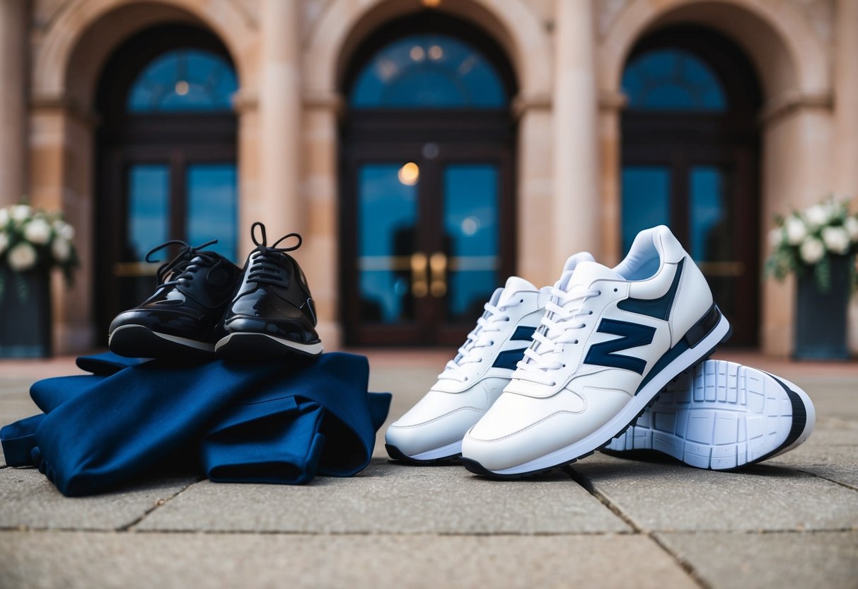 A pair of elegant trainers placed next to a pile of formal attire, including a suit and dress shoes, in front of a grand wedding venue