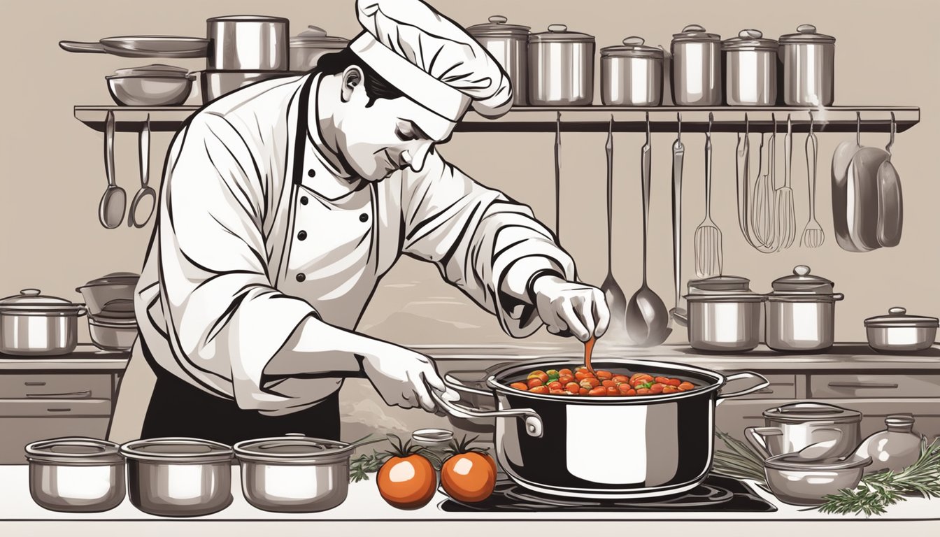 A chef pouring a can of stewed tomatoes into a pot of simmering sauce, with various herbs and spices scattered around the kitchen