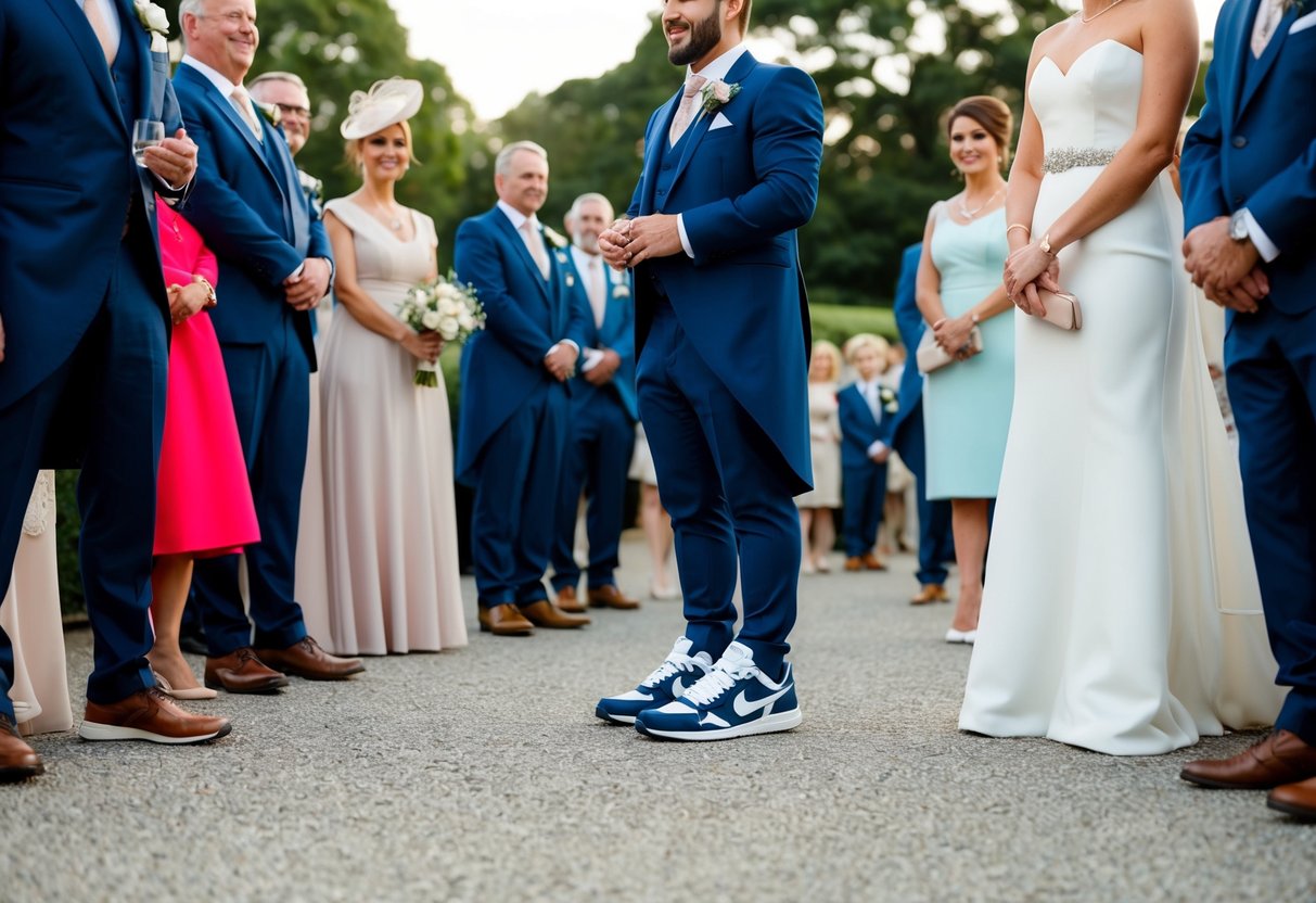 A wedding guest wearing trainers stands out among elegantly dressed attendees in formal attire
