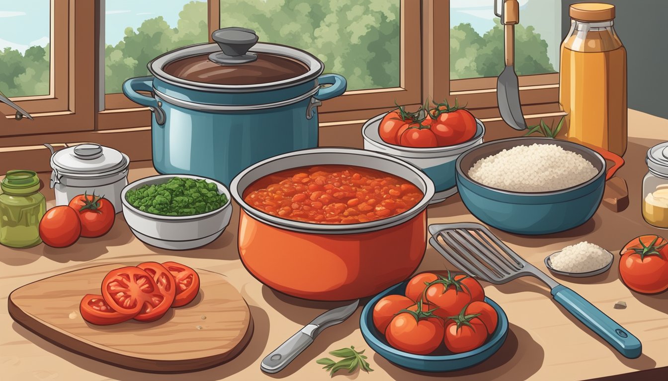 A kitchen counter with a can of stewed tomatoes next to a bowl of crushed tomatoes, surrounded by various cooking utensils and ingredients