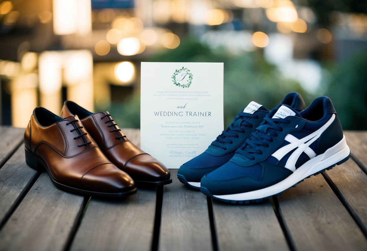 A pair of elegant dress shoes and a pair of casual trainers side by side, with a wedding invitation placed between them