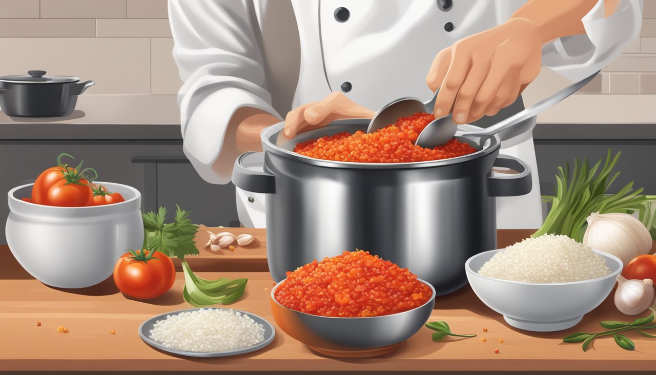 A chef pouring a can of crushed tomatoes into a pot, next to a bowl of diced onions and garlic, with a spoon and spices nearby