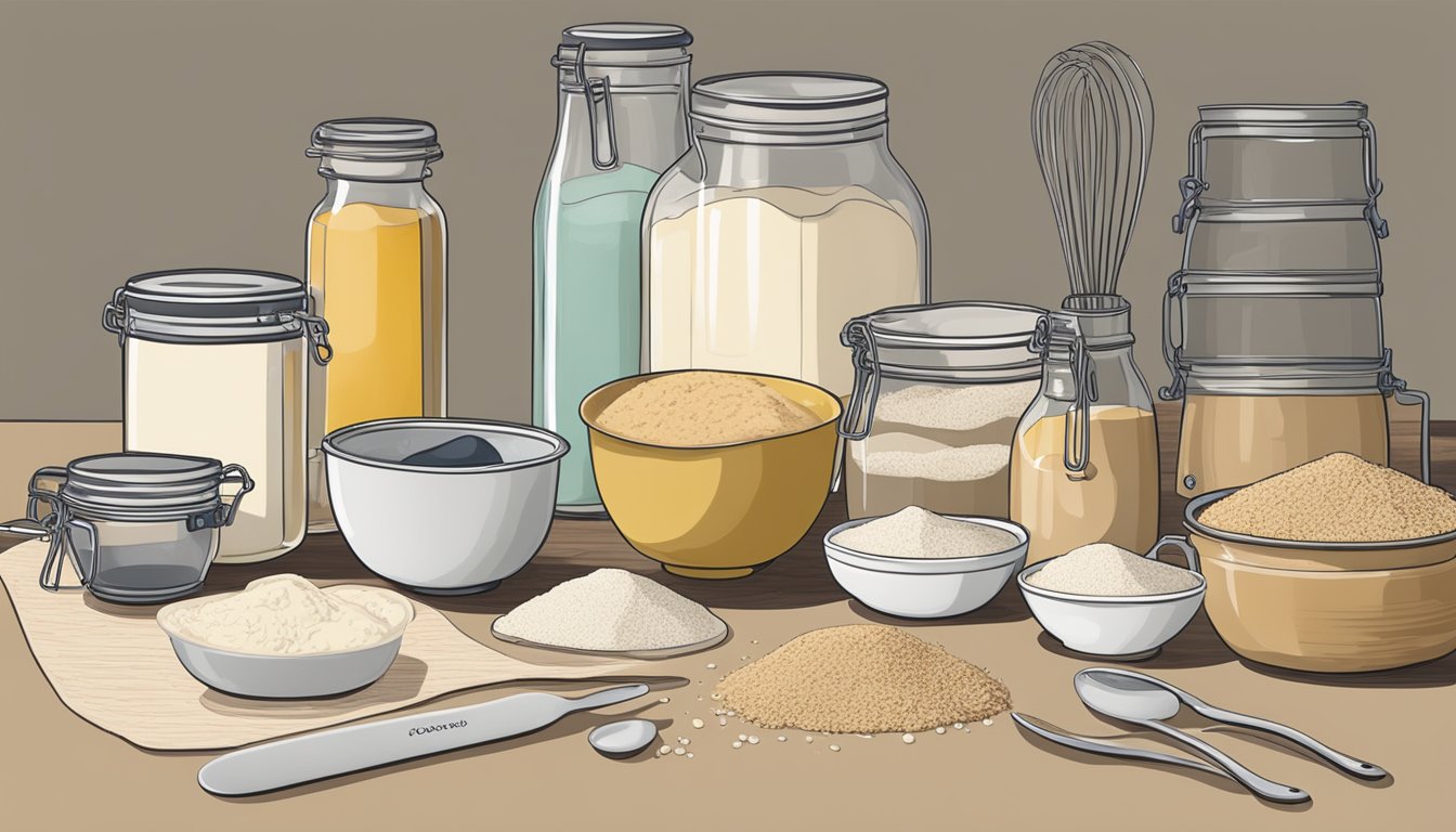 A kitchen counter with ingredients for baking, including a jar of sourdough starter and a packet of yeast, alongside measuring spoons and mixing bowls