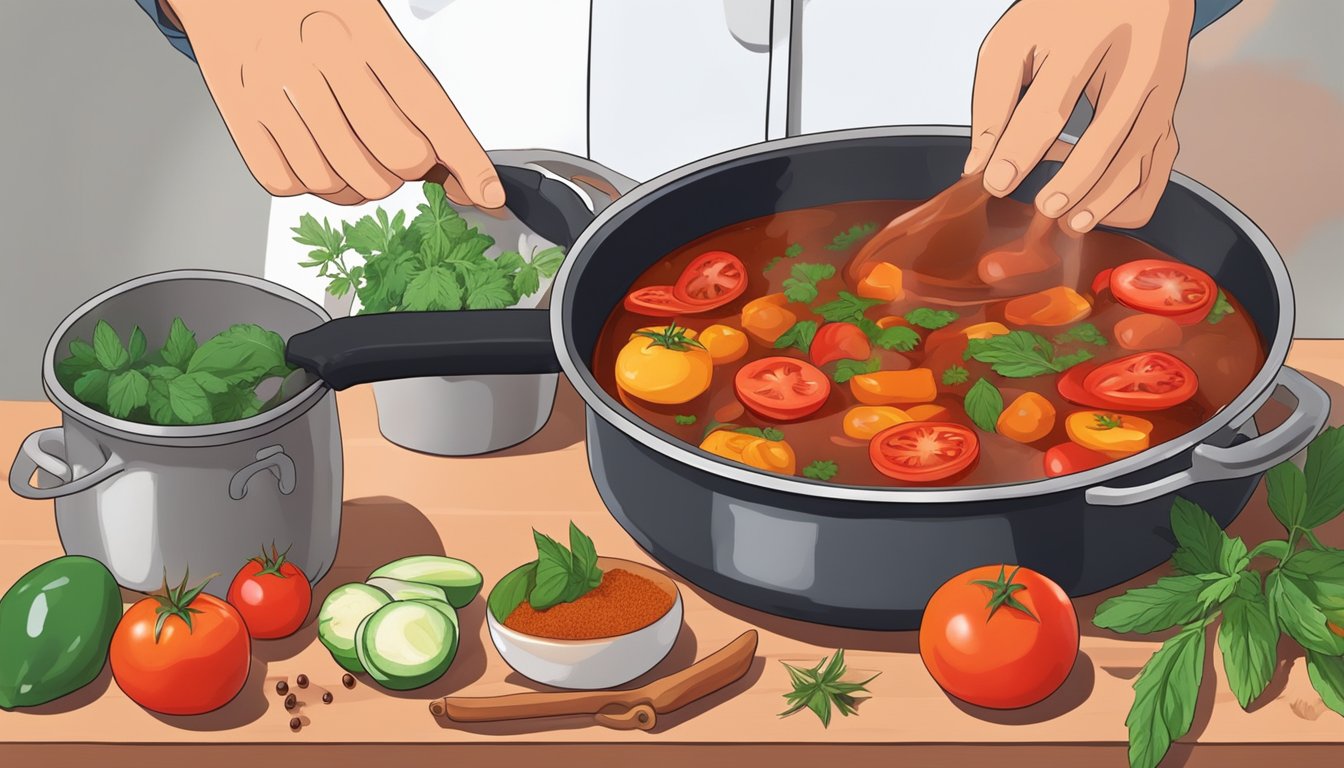 A hand pouring stewed tomatoes into a pot of simmering stew, with various spices and herbs nearby for flavor adjustments