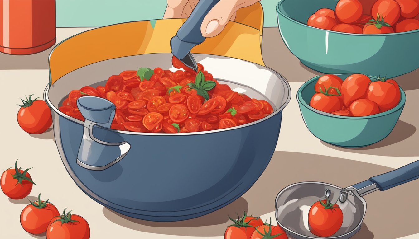 A pot of stewed tomatoes being poured into a bowl of crushed tomatoes, with various fresh tomatoes and a can opener nearby