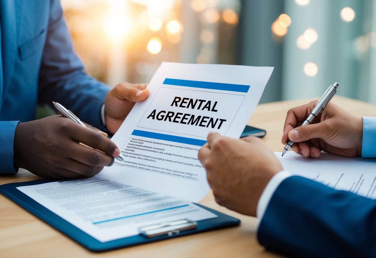 A person reviewing a rental agreement, highlighting suspicious clauses and terms