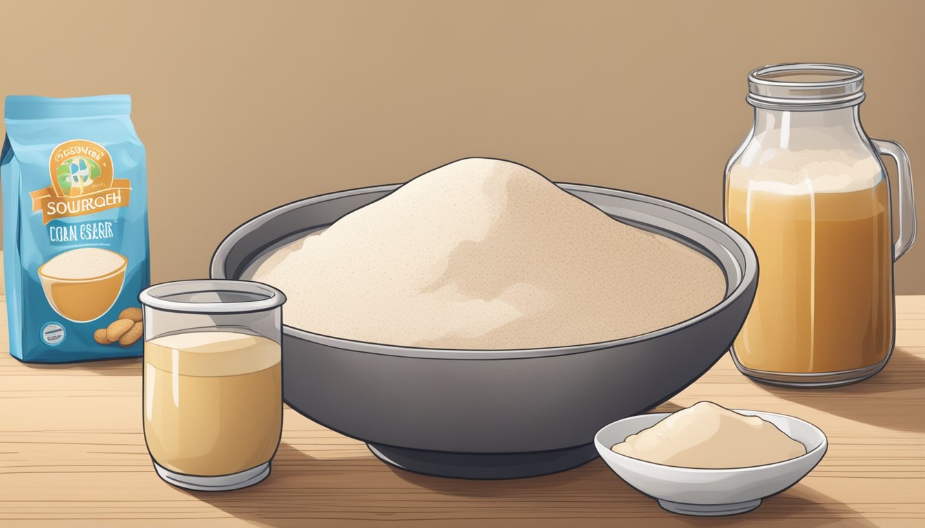 A bowl of sourdough starter sits next to a packet of yeast, with various sugars and fats arranged nearby