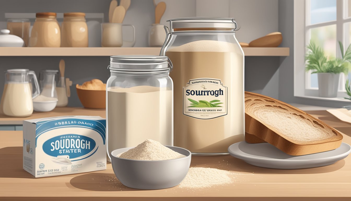 A glass jar of sourdough starter sits next to a packet of yeast on a kitchen counter. Ingredients for bread making are scattered around